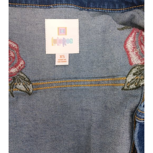 LuLaRoe JAXON Jean Denim Jacket Embroidered Red Roses Womens Size xs - Picture 6 of 8